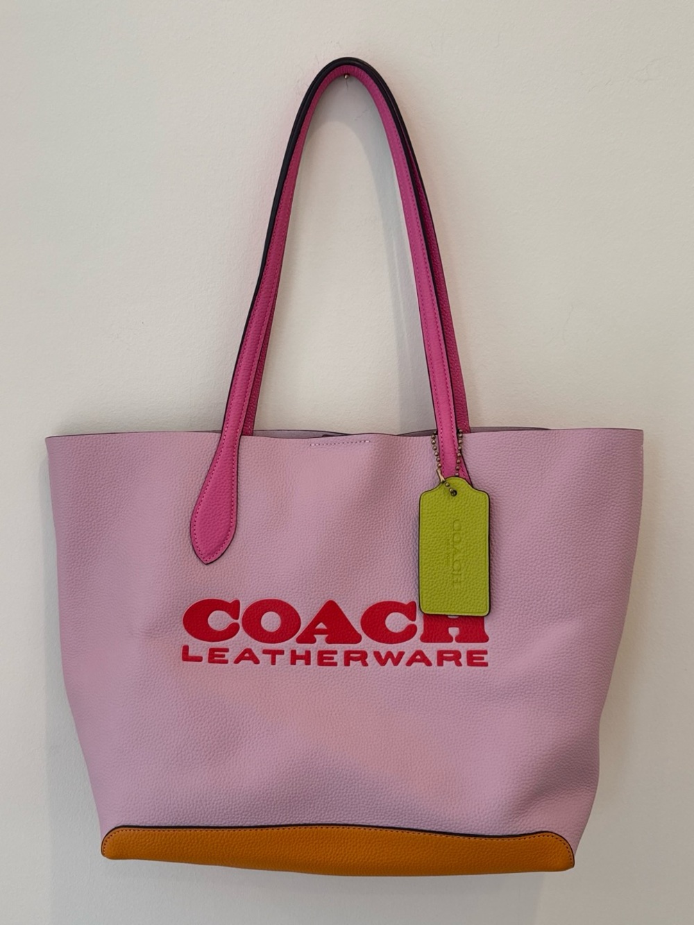 COACH Pink Leather Tote with Red Logo and Orange Accent